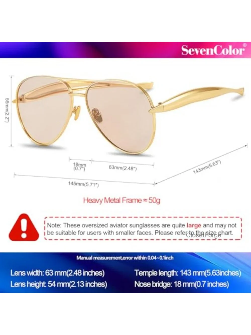 Oversized Aviator Sunglasses Retro Gold Metal Frame UV400